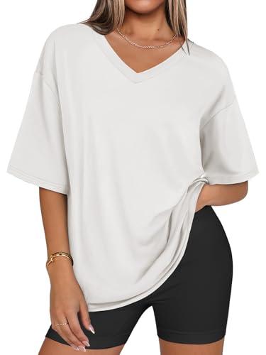 MIROMIHO Oversized Tshirts for Women Vneck Short Sleeve Shirts Casual Summer Tunic Fashion Athletic Plus Size Tops White XL