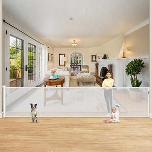 200'' Retractable Baby Gates Extra Wide, 42'' Extra Tall Retractable Dog Gate, 16 FT White Indoor/Outdoor Retractable Gate with Reinforcement Rods for Garage, Doorways, Stairs, Decks, Driveway, Patio