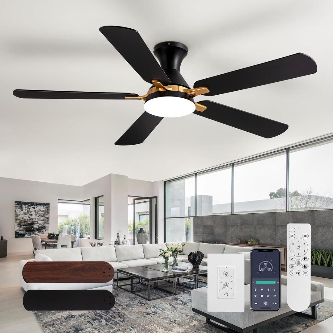52" Modern Ceiling Fans with Lights and Remote Control/APP 5 Blades Black Low Profile Ceiling Fan LED Dimmable Flush Mount Ceiling Fan with Light for Living Dining Room Patio Kitchen