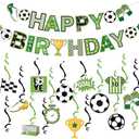 SUNBEAUTY 26PCS Soccer Birthday Party Decorations Pre-strung 8.2 Feet Soccer Happy Birthday Banner Soccer Hanging Swirls Party Decorations for Kids Boys’ Bday Party Decor