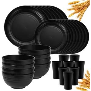 Klickpick Home 32 Pieces wheatstraw Dinnerware Set with 8 Each of Dinner Plates Desert Plates Cereal Salad Bowls Cups Unbreakable Modern Dinner Set for Microwave Dishwasher Safe Reusable Black