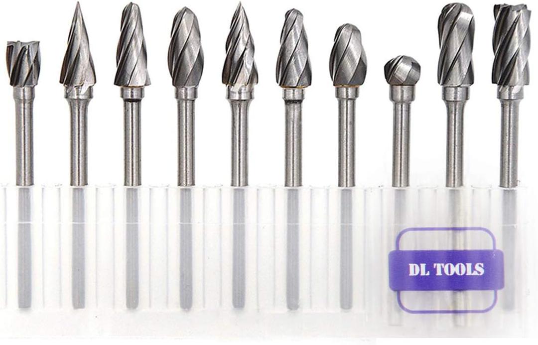 DLtools 10pcs Aluma Cut Tungsten Carbide Rotary Burr Set, Metal Carving Drilling Polishing Cutter Bits with 1/8"(3mm) Shank and 1/4"(6mm) Head Dia for Die Grinder Drill Aluminum and Wood
