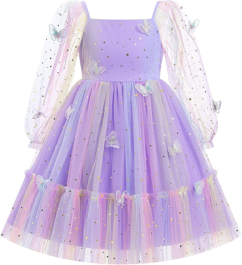 Kids Girls Birthday Party Long Sleeve Star Glitters Tulle Tutu Dress 3D Butterfly Star Sequins Ruffle Dress (8-9 Years, Purple Star Gradient)