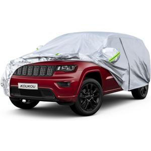 KouKou 6 Layers SUV Car Cover Waterproof All Weather, Universal Fit Jeep Grand Cherokee,Honda Pilot, Lexus RX350, Jeep etc, Outdoor Full Exterior Jeep Covers with Zipper Door. (190 to 201 inches) (silver)