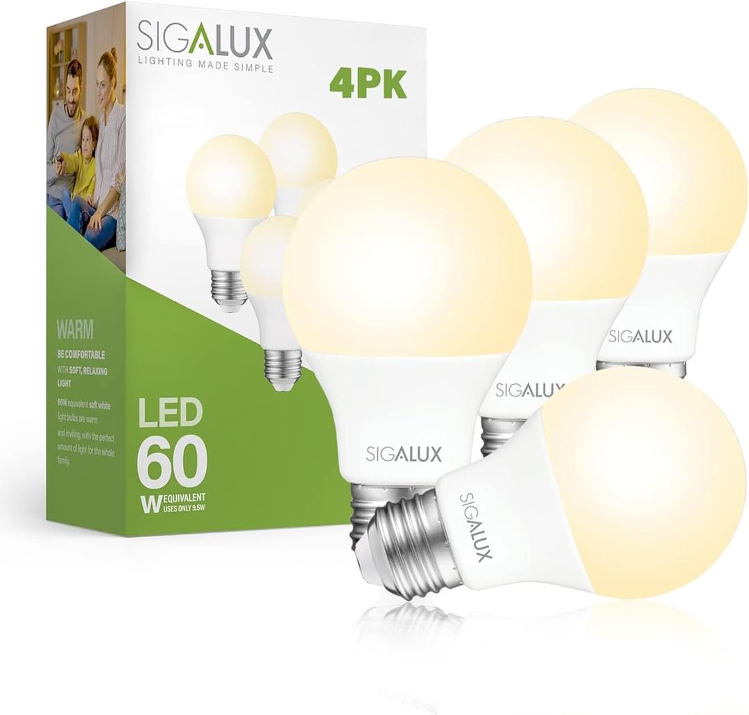 Sigalux LED Light Bulbs 60 Watt Equivalent A19 Standard Light Bulbs 2700K Warm, Non-Dimmable Energy Efficient 9.5W LED Soft White Bulb with E26 Medium Base, 800 Lumens, UL Listed, 4 Pack