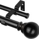 KAMANINA Black Double Curtain Rods 36 to 72 Inches(3-6 Feet), 1 Inch Heavy Duty Curtain Rods for Windows 28 to 48 In, Telescoping Curtain Rod for Bedroom, Dual Curtain Rod with Round Finials