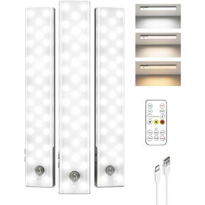 EZVALO 3-Pack Under Cabinet Lighting, 2000mAh Rechargeable Wireless Motion Sensor Lights, 62LEDs, 3 Color Temps, Dimmable, Timer, Magnetic, with Remote Control for Kitchen, Closet, Stair
