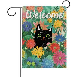 Dyrenson Welcome Spring Black Cat Decorative Garden Flag, Kitty House Yard Lawn Daisy Pansy Red Blue Flower Floral Outside Decoration, Summer Seasonal Farmhouse Outdoor Small Burlap Porch Decor 12x18
