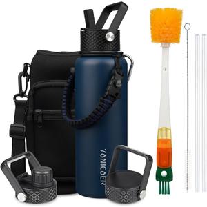 Insulated Water Bottle 40oz,Triple Wall Vacuum Stainless Steel(Dishwasher Safe),Leak Proof & Non-BPA, Flask Jug with Paracord Handle & Straw Spout Lids Sports Navy Blue