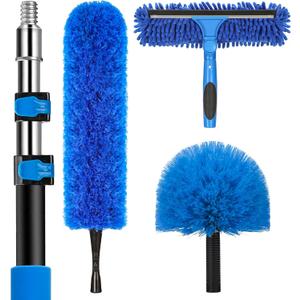 20 Feet High Reach Duster Kit with 5-12 Ft Extension Pole, Cobweb Duster with Telescoping Pole, Window Squeegee with Scrubber, Spider Web Brush, High Ceiling Fan Duster for High Window, Interior Roof