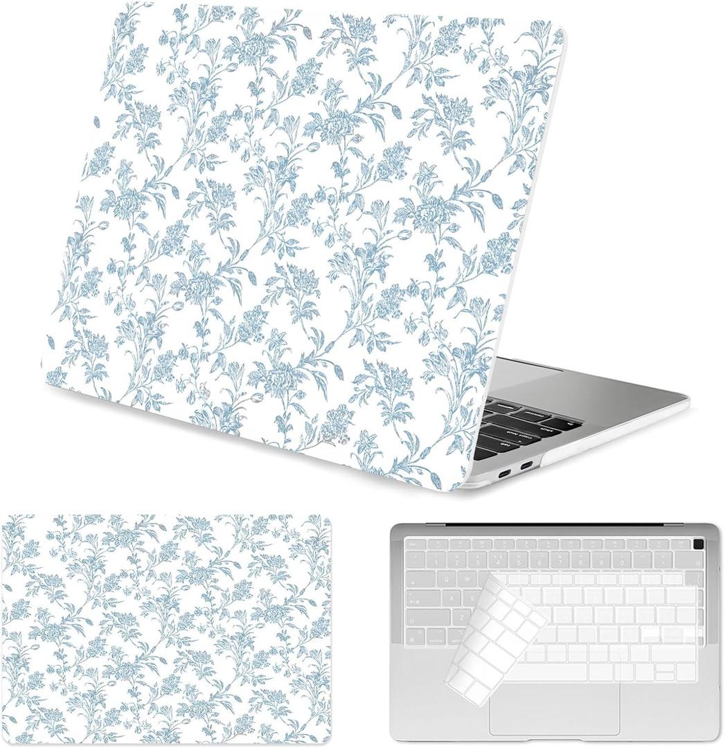 Seorsok Compatible with MacBook Air 13 Inch Case 2022 2021 2020-2018 Release A1932 A2179 M1 A2337 Touch ID,Elegant Sage Blue Flower Plastic Hard Shell Case with Keyboard Cover,Blooming Floral