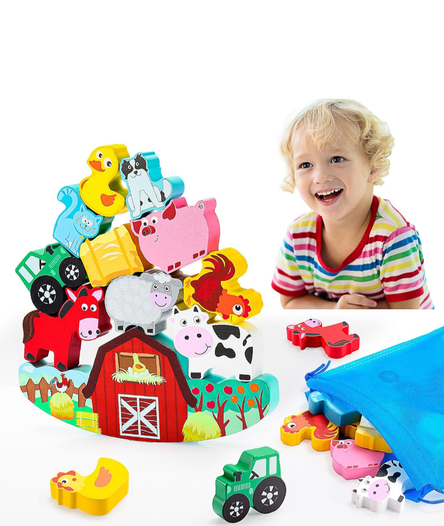 Montessori Toys for Kids 3-7 Wooden Farm Animal Blocks Stacking Games Educational Toy for 3 4 5 6 Year Old Girls Boys Christmas Birthday Gifts for Grandkids Toddler Balance Game Girls Age 3-5