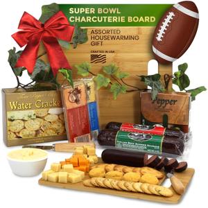 Gift Basket Village Charcuterie Board Gift Set Bamboo Cutting Board, Three-Pepper Crackers, Italian Sausage, Wisconsin Cheese, Cheese Spread, and Knife Wedding or Housewarming Gift (8 Piece Set), Best By: 10/14/2025