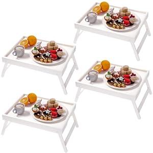 Fibogollo 4 Pack Bamboo Bed Tray Table with Folding Legs, Breakfast Trays, Serving Tray for Food and Snack, Laptop Trays for Working(White)