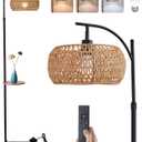 Black Floor Lamp for Living Room, Boho Rattan Floor Lamp with Shelf Farmhouse Standing Lamp with 3 Color Temperature, Arc Cornor Tall Lamp for Bedroom Office,Remote & Dimmable LED Bulb Included.