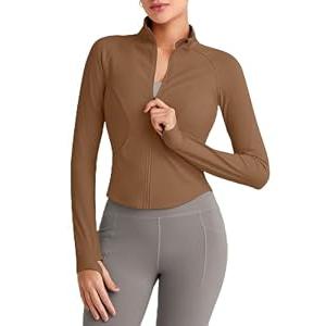 G4Free Women's Athletic Basic Jacket Full Zip Up Workout Jackets Long Sleeve with Pockets(Dark Coffee, L)