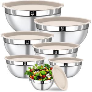 Mixing Bowls with Lids Set - 7PCS Nesting Mixing Bowls, Lids, Stainless Steel Mixing Bowls for Mixing, Baking & Meal Prep, Dishwasher Safe, Size 0.7/1.1/1.5/2.1/3.5/4/4.5 QT, Khaki