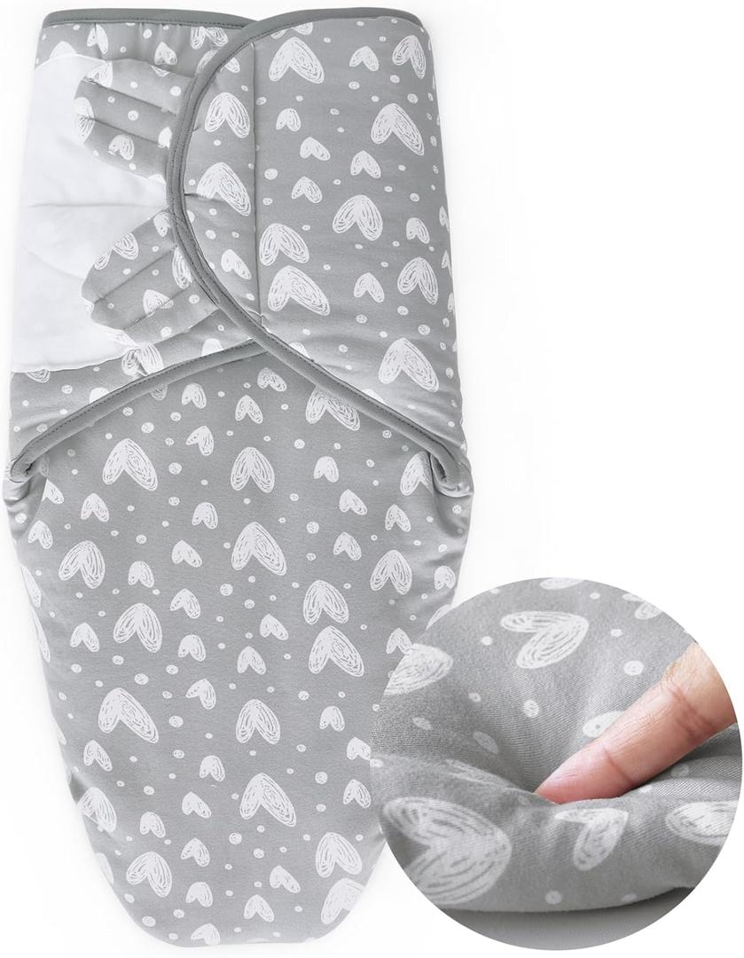 Biloban Baby Swaddles 0-3 Months for Boy Girls, Warm Quilted Baby Swaddle, Newborn Swaddle, Adjustable Swaddle Blanket, Lovely Grey Hearts, 1 Pack (White Print)