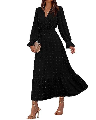 BTFBM Women Fall Maxi Dresses 2025 Long Sleeve V Neck Swiss Dots High Waisted A-Line Ruffle Boho Long Dress Vacation(Black,XX-Large)