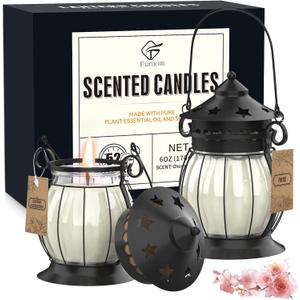 Scented Candles Gifts Set for Women, 2X 6 oz Aromatherapy Jar Candles for Home, Rosa & Cherry Blossom Soy Wax Long Lasting Retro Lantern Candles Perfect for Stress Relief Mum Yoga Bath Spa Christmas