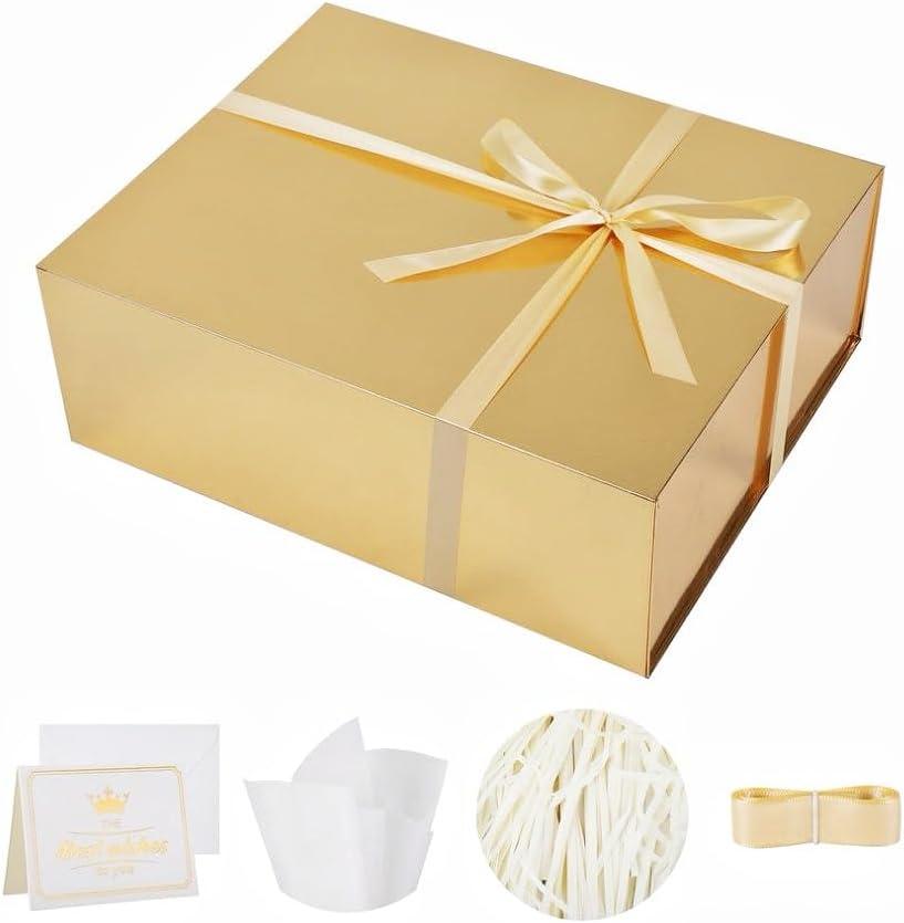 UoeRing 1 Extra Large Gold Gift Box 20x16x7 inch Luxury Gift Box for Presents with Magnetic Closure Lid Collapsible,Birthday,Christmas,Contains Card, Ribbon,Tissue Paper,Shredded Paper Filler