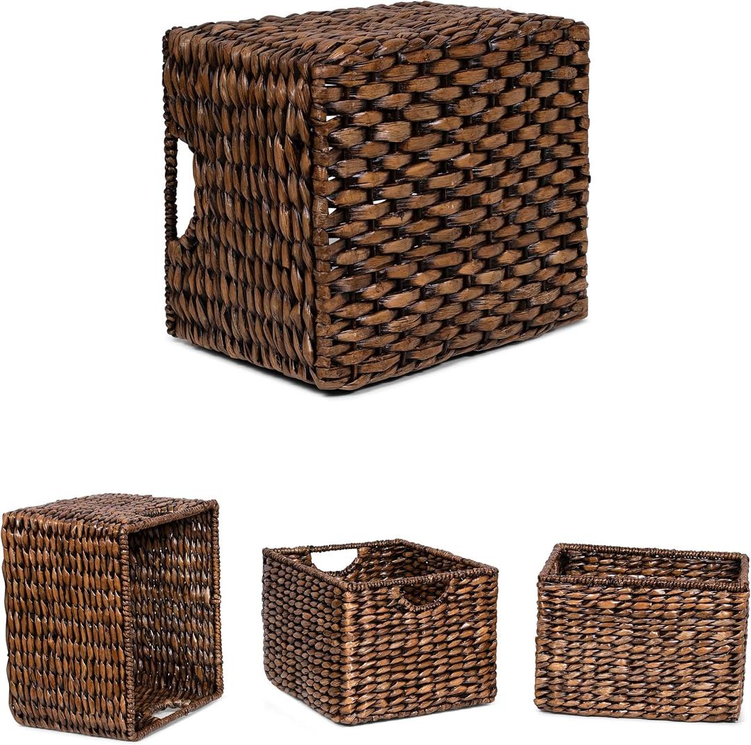BIRDROCK HOME Storage Shelf Organizer Baskets with Handles - Handwoven Abaca Seagrass Wicker Basket for Pantry, Living Room, Office & Bathroom, Versatile Under Shelf Storage - Brown Wash | Woven Storage Baskets for Shelves with Handles, Cube Organizer Bins for Pantry, Living Room, Office, and Bathroom