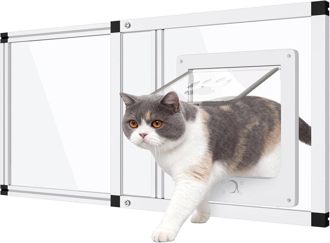 Sliding Cat Door for Window, Fits 28.5"-32" Width Window, 2-Min Install | Aluminum Frame + HD Glass | Weatherproof Design | Magnetic Closure Window Cat Door Insert, Adjustable Pet Door Window for Cats (White)