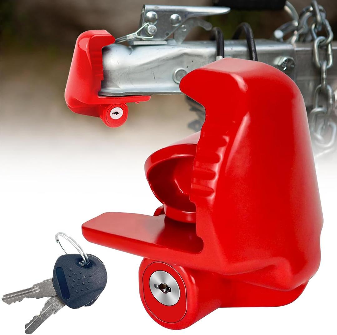 Trailer Hitch Locks with Keys, Universal Size Fit 1-7/8,2-5/16,2 Inch Ball Hitch Coupler Lock, Adjustable Heavy Duty Steel Trailer Tongue Lock for Boat, Trailers and RV, Anti-Theft Hitches, Red- Pack of 1