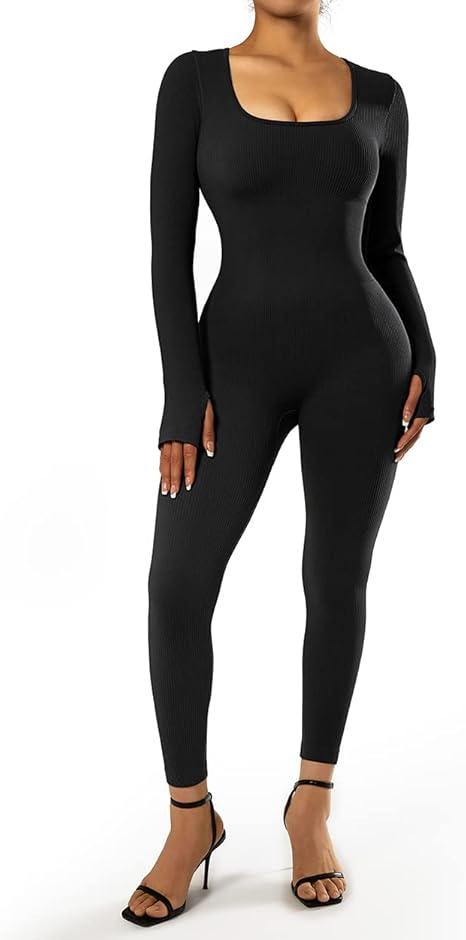 SUUKSESS Women Ribbed Stretchy One Piece Jumpsuits Yoga Long Sleeve Workout Jumpsuits (Black,L)