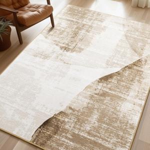 Phantoscope Washable Area Rug 4'x6' Non-Slip, Modern Neutral Boho Rugs for Living Room, Bedroom, Dining Room, Distressed Geometric Dune Pattern, Low-Pile Foldable Floor Carpet, Linen Beige/Taupe