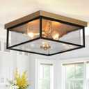 Square Flush Mount Ceiling Light, Black Gold Hallway Light Fixtures Ceiling, Mid-Century Modern 3-Light Close to Ceiling Light with Seeded Glass Shade for Bedroom, Kitchen and Foyer