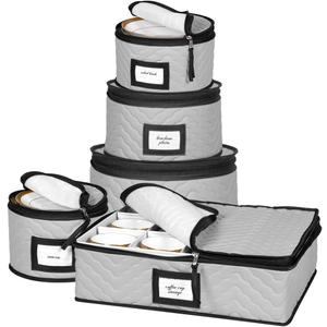 2 x China Storage Containers 5-Piece Set Moving Boxes for Dinnerware, Glasses, Plates, Mugs and Saucers Sturdy Quilted Microfiber Dish Organizer with Dividers for Seasonal Storage - Holds Set of 12, Gray