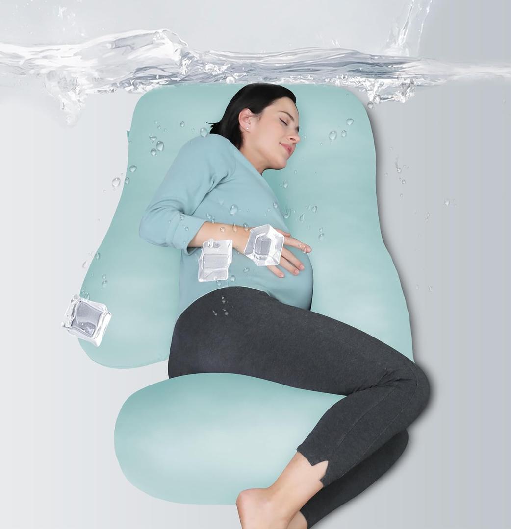 MOON PARK Pregnancy Pillows for Sleeping - U Shaped Full Body Maternity Pillow with Removable Cover - Support for Back, Legs, Belly, HIPS - 65 Inch - Ice Blue - Cooling Cover