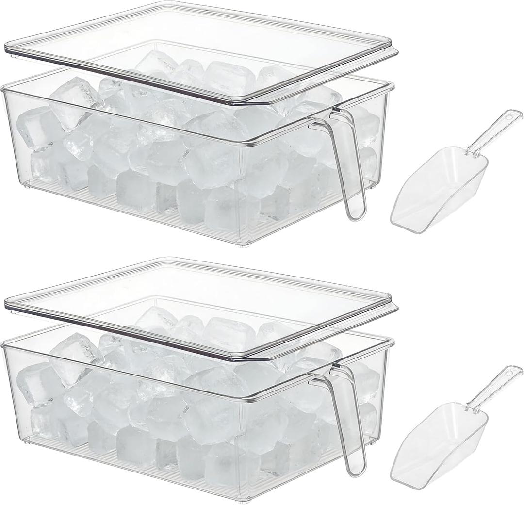 2 Set Ice Bin for Freezer with Lid and 2 Scoop Set Plastic Freezer Ice Bin with Pull-Out Handle Clear Storage Bucket Kitchen Food Storage Organizer for Home Office Fridge Kitchen