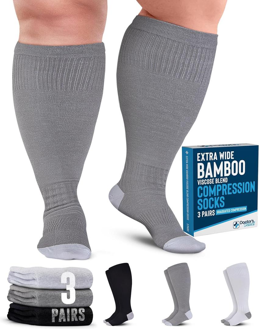 Doctor's Select 3 Pairs Plus Size Compression Socks Wide Calf | Bamboo Viscose Knee High Extra Wide Calf Compression Socks Women & Men | Black, White, Gray (4X-Large)