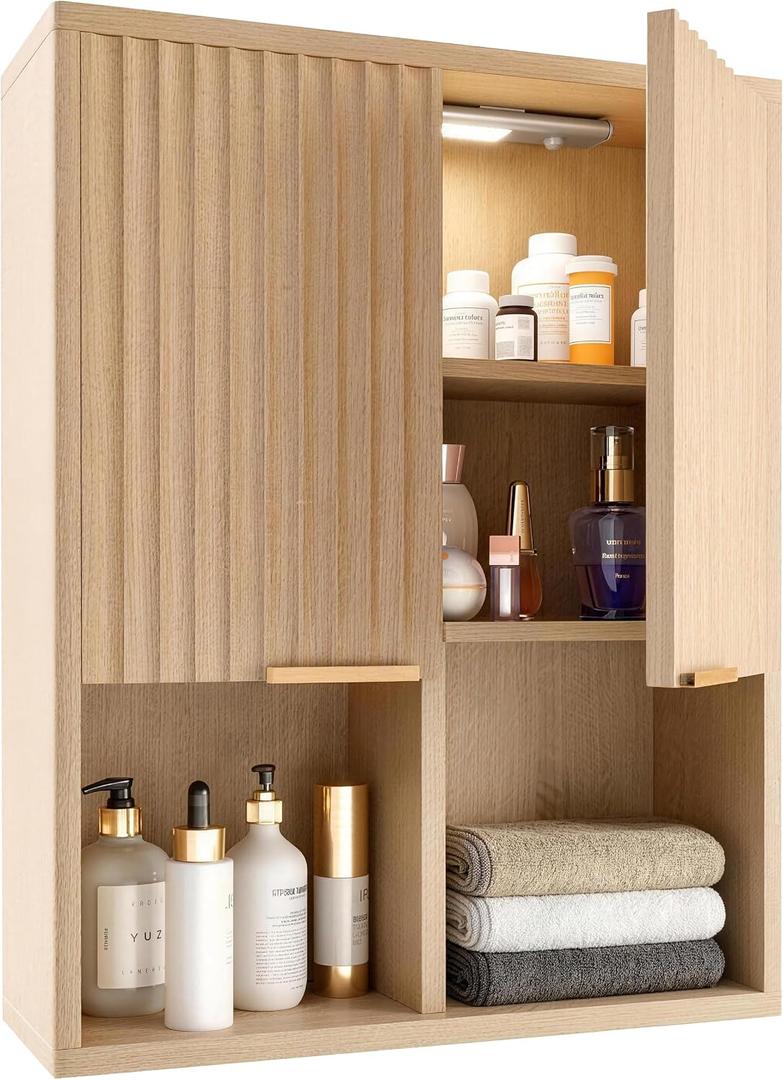 HAIOOU Fluted Bathroom Wall Cabinet with Motion Sensor Light, Curved Profile Wooden Medicine Cabinet Wall Mounted Cupboard, Wave Like Over Toilet Storage Cabinet with Buffering Hinges - Natural, 23.62 x 8.27 x 29.13 inches