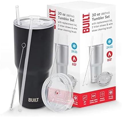 BUILT Double Walled Stainless Steel Tumbler Set with Replacement Lid, 2 Reusable Tritan Wire Straw Cleaning Brush in Gift Box, 1 Count (Pack of 1), Black, 30 fl.oz.