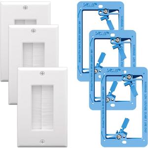 VCE Brush Wall Plate with Low Voltage Box, Decorator Wall Cover with Low Voltage Mounting Bracket for Wall-Mount TV, 3-Pack (White+Blue)