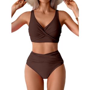 Fanuerg Women High Waisted Bikini Sets V Neck Cross Twist Front Two Piece Swimsuit Tummy Control Bathing Suit (Small, Coffee Brown)