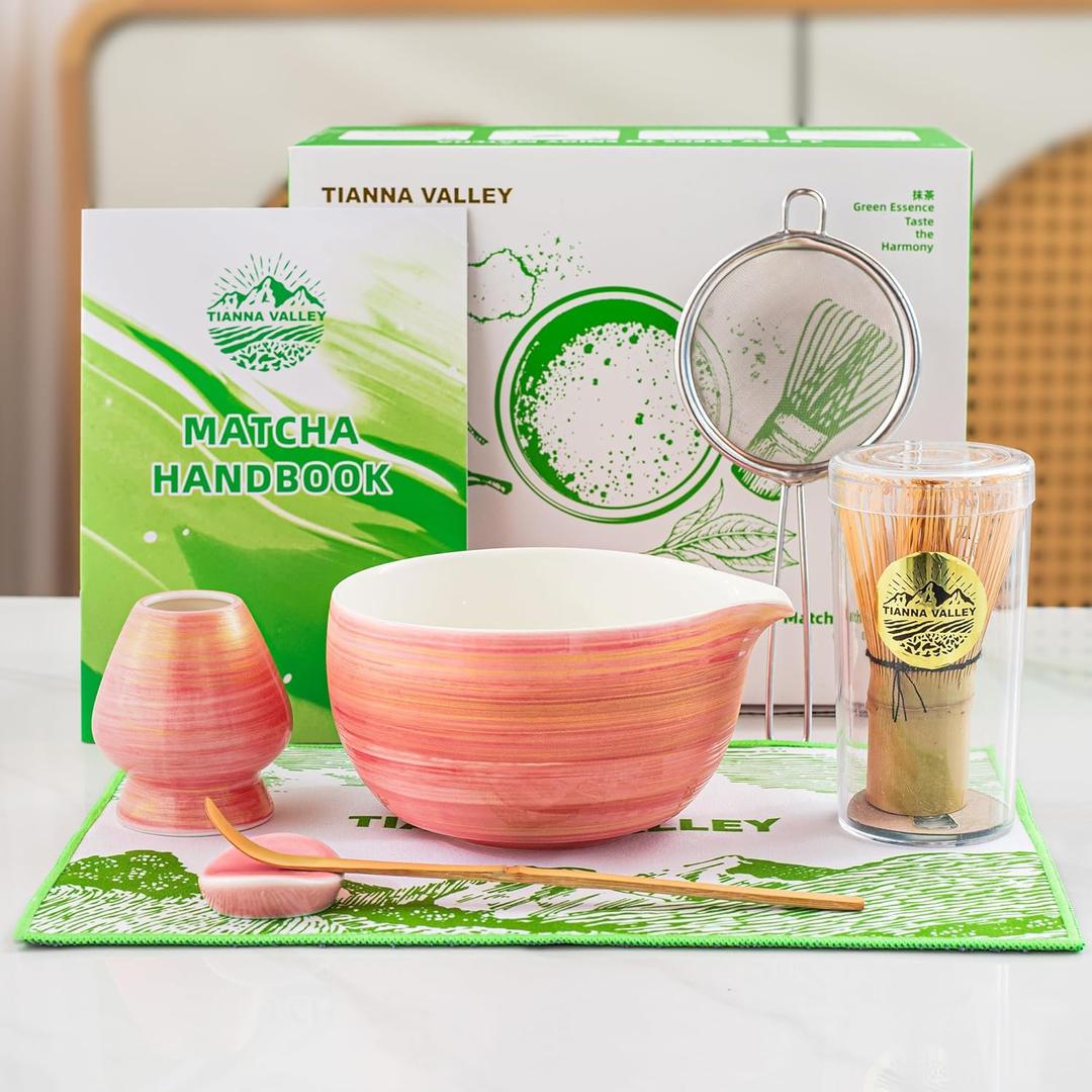 2 x Matcha Whisk Set,7 Pcs Matcha Set Pink,Matcha Kit for Ceremony,480 Ml Ceramic Bowl(chawan) with Spout,Bamboo Whisk(100-prong) and Holder,Tradition Tea Set,Gift for Matcha Lovers