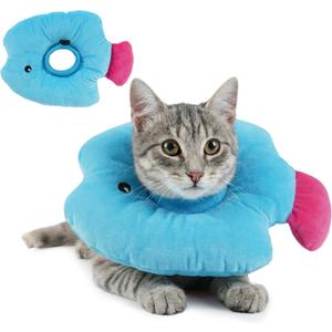 PUMYPOREITY Soft Fish Shaped Cat Cone Collar, Adjustable Padded Elizabethan Collar for Kittens, Anti-Lick Protective Neck Cone for Post-Surgery Wound Recovery, L, Blue