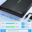 External CD DVD Drive with 4 USB Ports and 2 TF/SD Card Slots, USB 3.0 Portable CD/DVD Disk Drive Player Burner Reader Writer for Laptop Mac PC Windows 11/10/8/7 Linux OS with Carrying Case