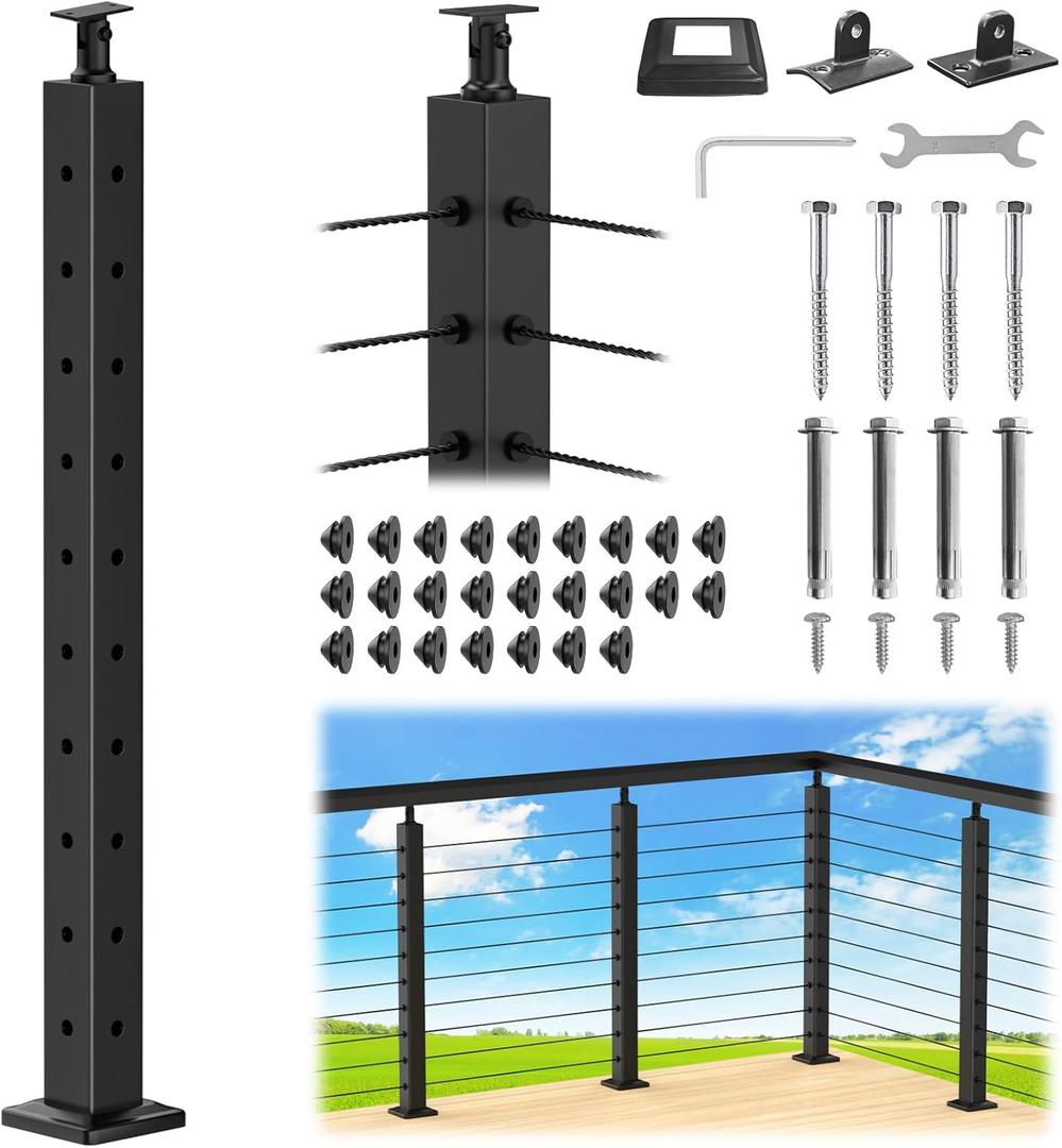 CKE L-Drilled Corner Post 36" (Post 35"x2"x2"), Adjustable Top Cable Railing Corner Post, 90 Degree Drilled Corner Post with Cable Grommets, Stainless Steel Black Finish Corner Deck Post, CP01