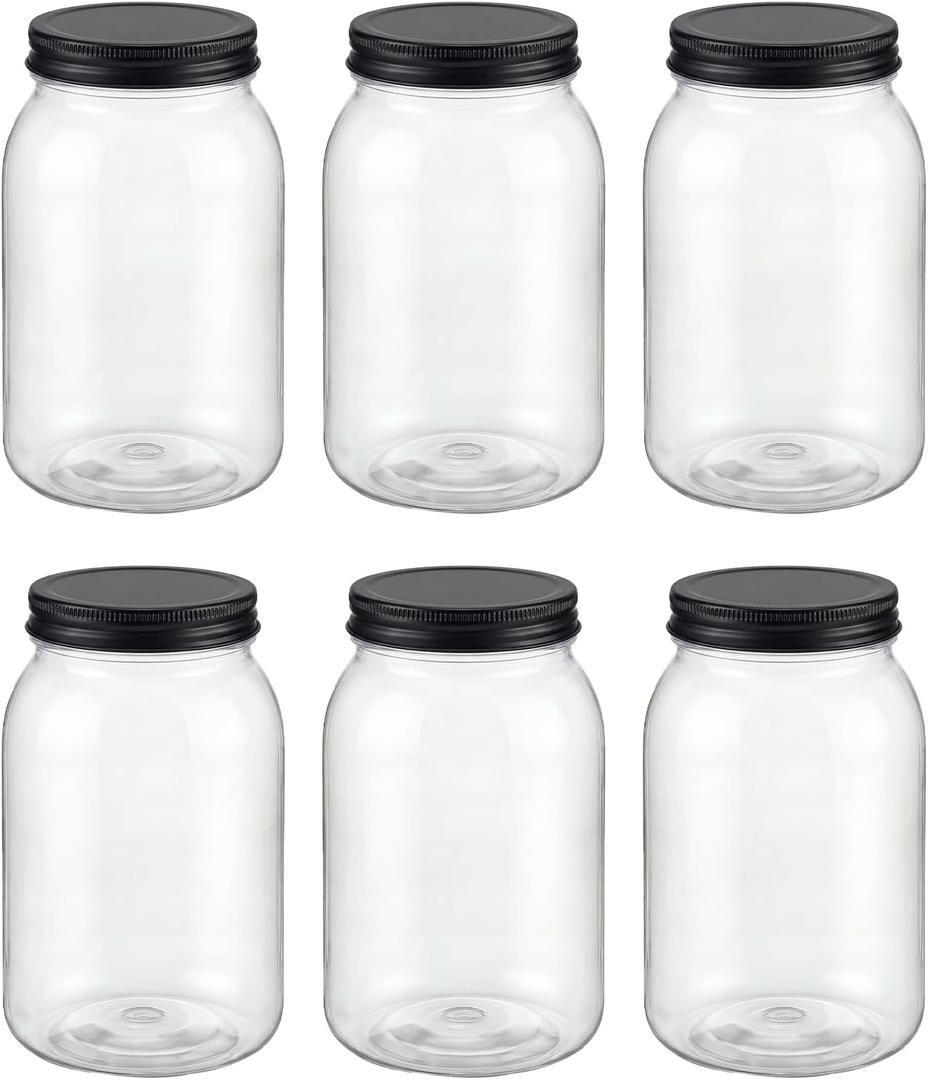 novelinks 32 oz Clear Plastic Jars with Lids, 6 Pack Large Plastic Mason Jars with Lids 32oz, Reusable Quart Containers for Kitchen Organization (6 Pack,Black)
