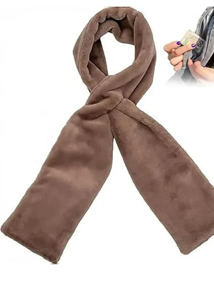 Faux Fur Pull Through Scarf with Hidden Zipper Pocket Winter Pocket Scarf for Hands-Free Storage Phone & Valuables (brown)