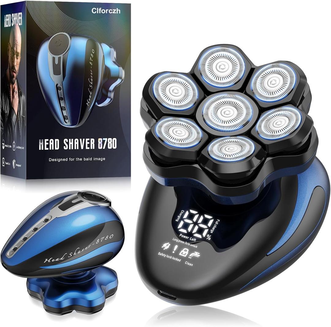 Head Shavers for Bald Men - 7D Detachable Electric Razor, IPX6 Waterproof Wet Dry Rotary Shavers, LED Display Rechargeable Head Shaving with Fast Charging, Blue