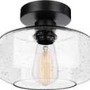 SunRider Industrial Semi-Flush Mount Ceiling Light Fixture, Modern Seeded Glass Pendant Lamp, Black Farmhouse Hanging Lighting for Bedroom Hallway (Large)