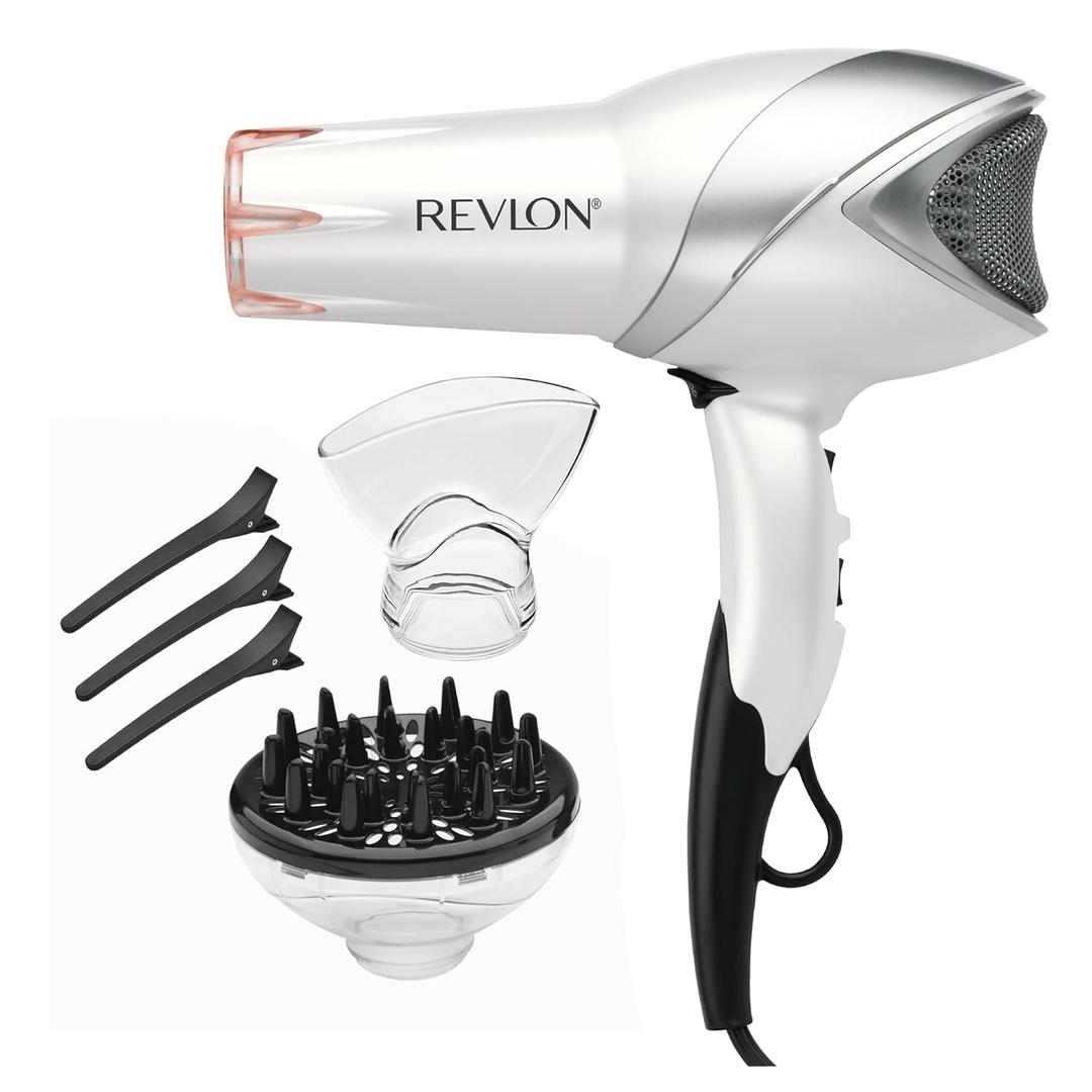 REVLON Infrared Hair Dryer with Diffuser & Concentrator - Ionic Ceramic Blow Dryer for Frizz Control, Shine, Soft Hair & Moisture Protection - 1875W Professional Salon-Quality (White) (Full Size)