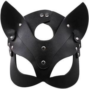 Masquerade Leather Cat Mask Costume Animal Half Face Mask Cosplay Halloween Party Costumes Accessory for Women Ladies (Black)