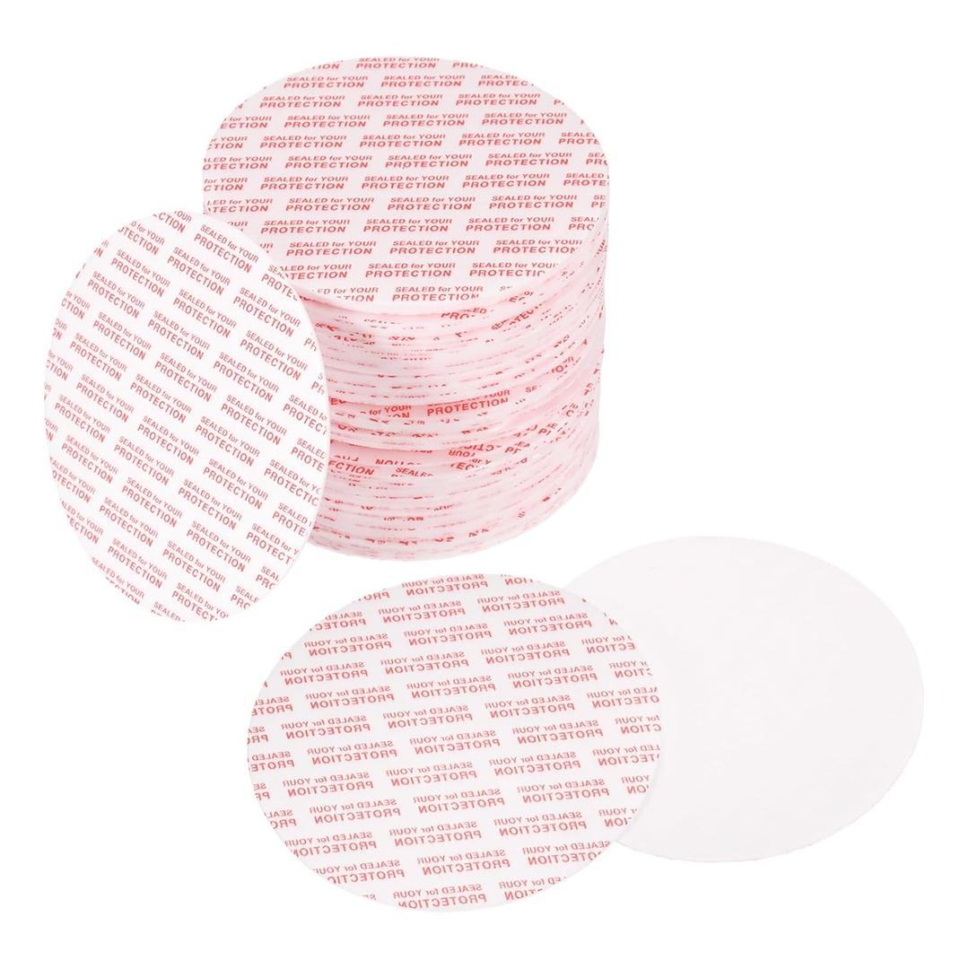 PATIKIL 66mm/2.6" Foam Lid Liner 75pcs Adhesive Round PS Pressure Sensitive Seals, Cap Liners Resistant Tamper for Plastic Glass Jar Bottle Cap Canning Vials Seals Red Text, White